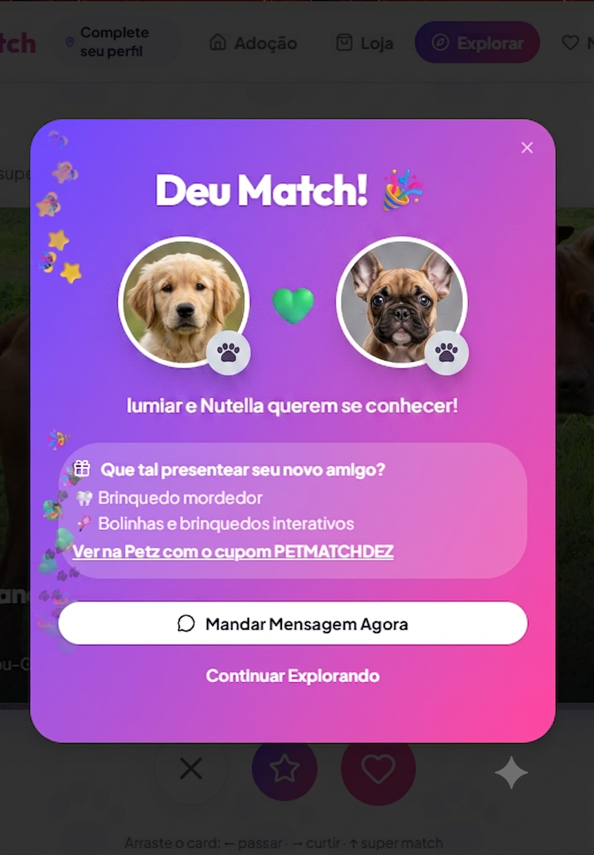 Tela do PetMatch mostrando o pop-up Deu Match entre dois cachorros