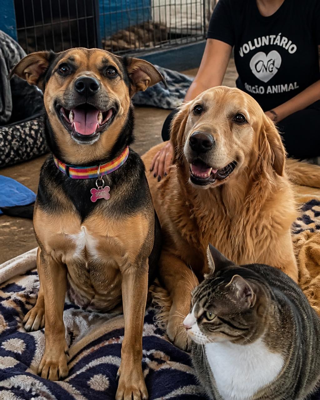 Vira-lata, golden retriever e gato em uma ONG com voluntária