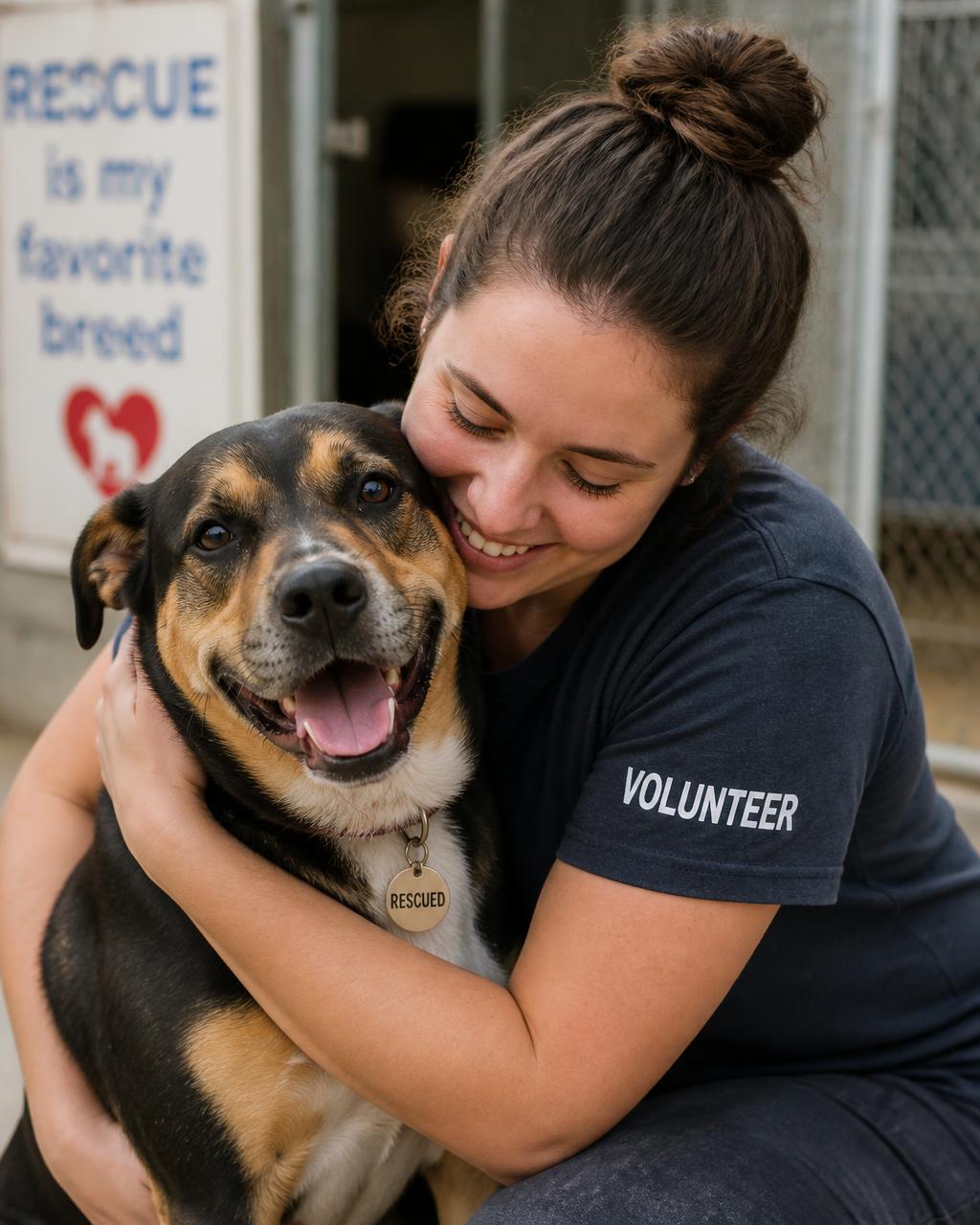 Voluntária abraçando um cachorro resgatado em um abrigo