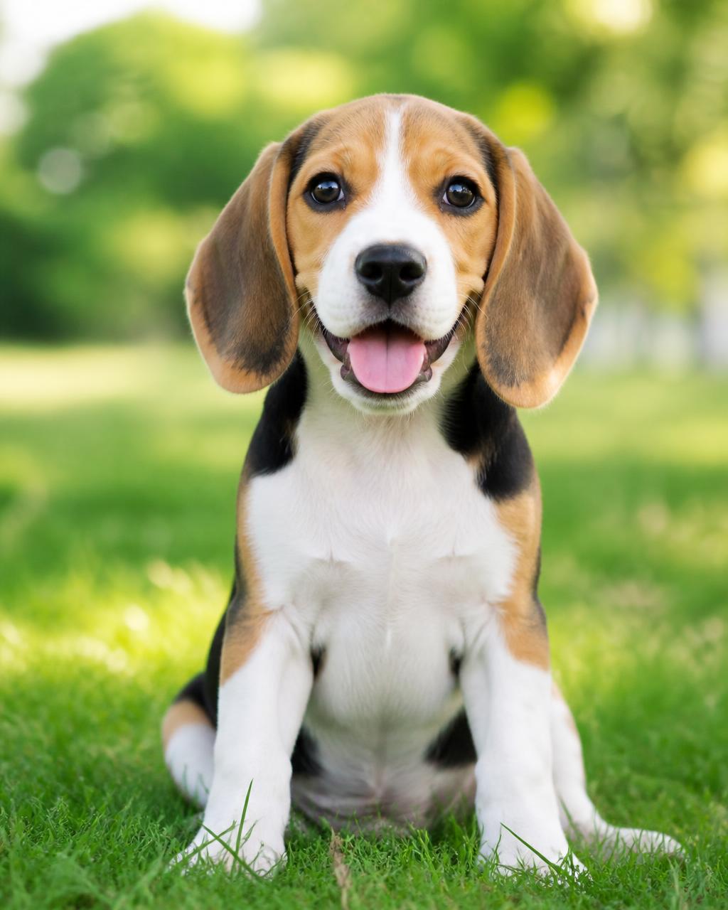 Filhote de beagle sorrindo para a câmera