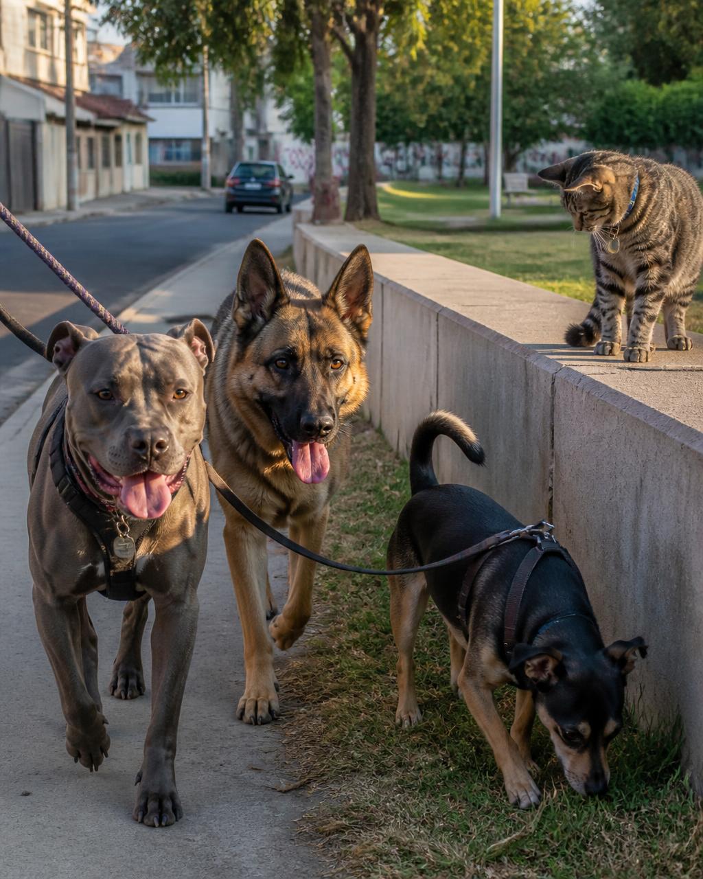 Pitbull, pastor alemão, cachorro pequeno e gato passeando na rua com coleiras