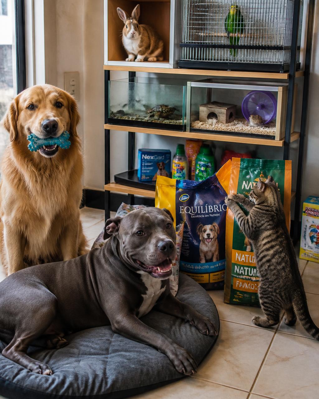Golden retriever, pitbull, gato, coelho, pássaro, hamster e tartaruga com produtos de pet shop
